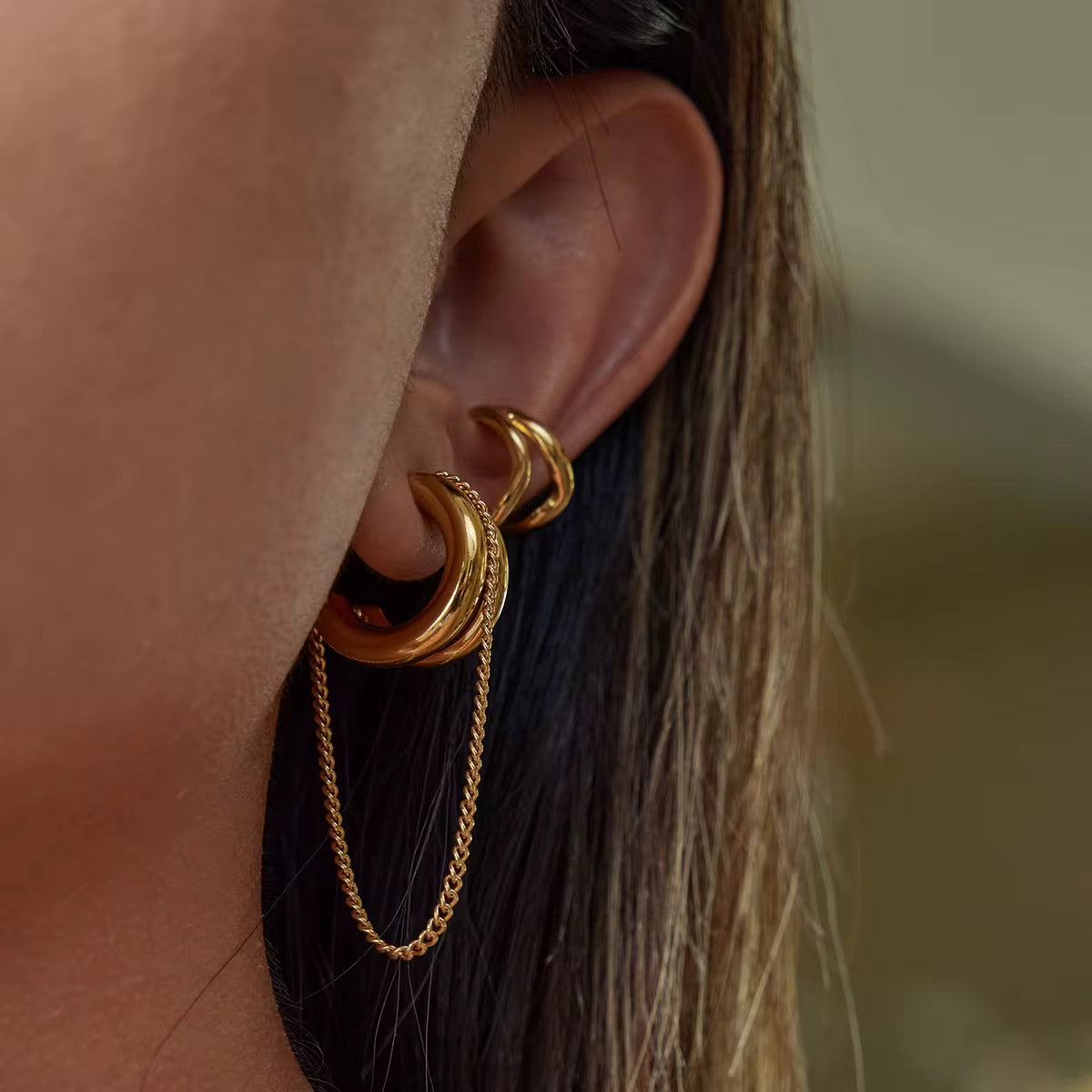 Gold Hoop Earrings with Chain Drop