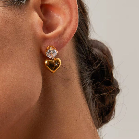 Gold Heart & Solitaire Stud Earrings