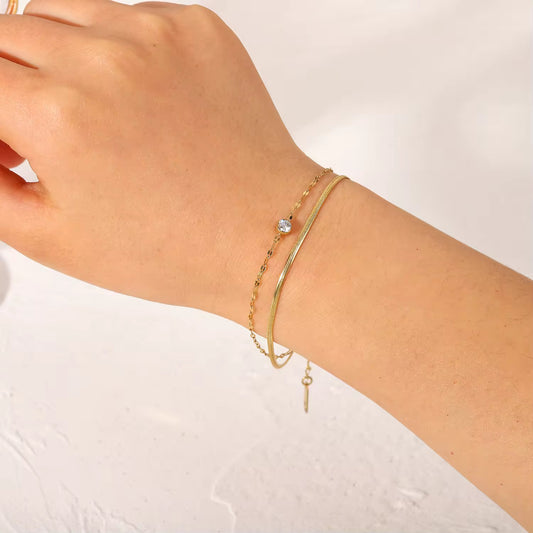Dual Chain Gold Bracelet with Solitaire Charm