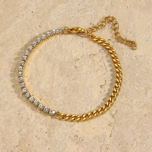 Half Crystal Half Chain Gold Bracelet
