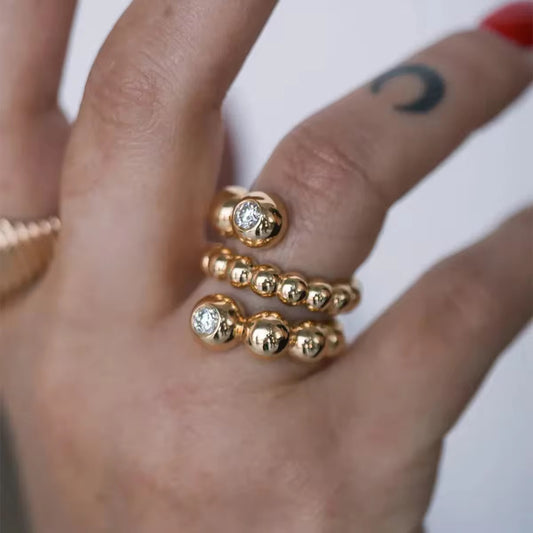 Beaded Double Row Crystal Gold Ring