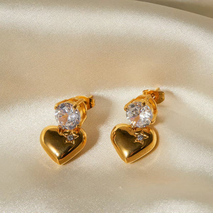 Gold Heart & Solitaire Stud Earrings