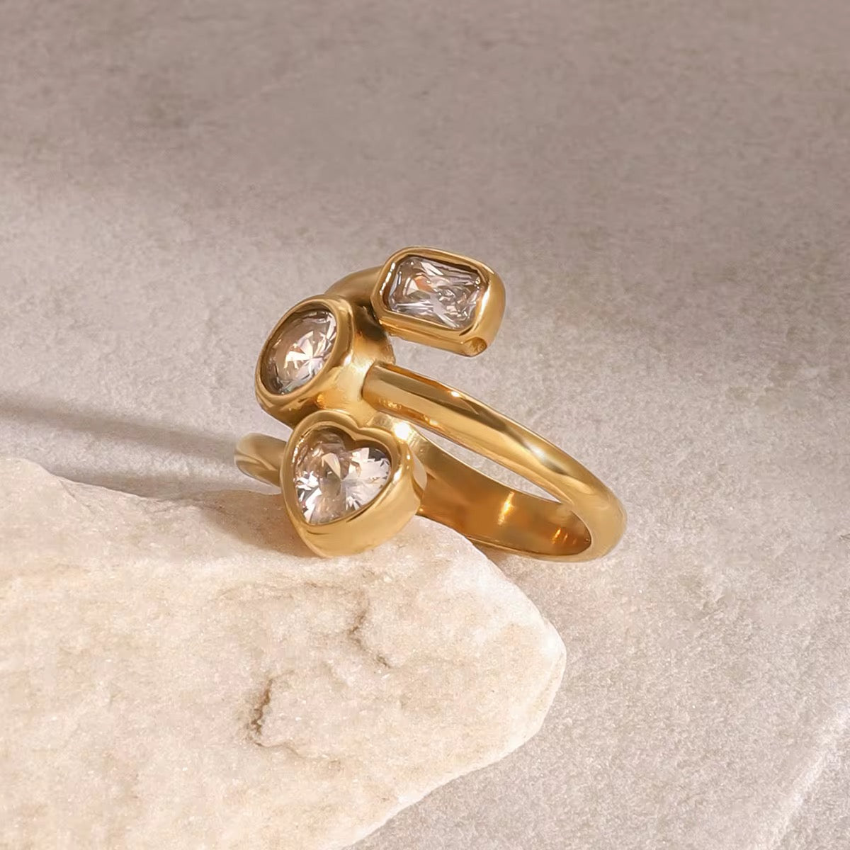Geometric Triple Stone Gold Ring