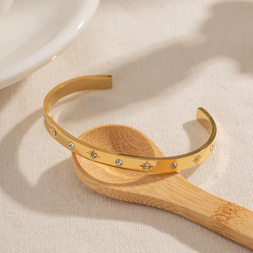Crystal Star Engraved Open Bangle