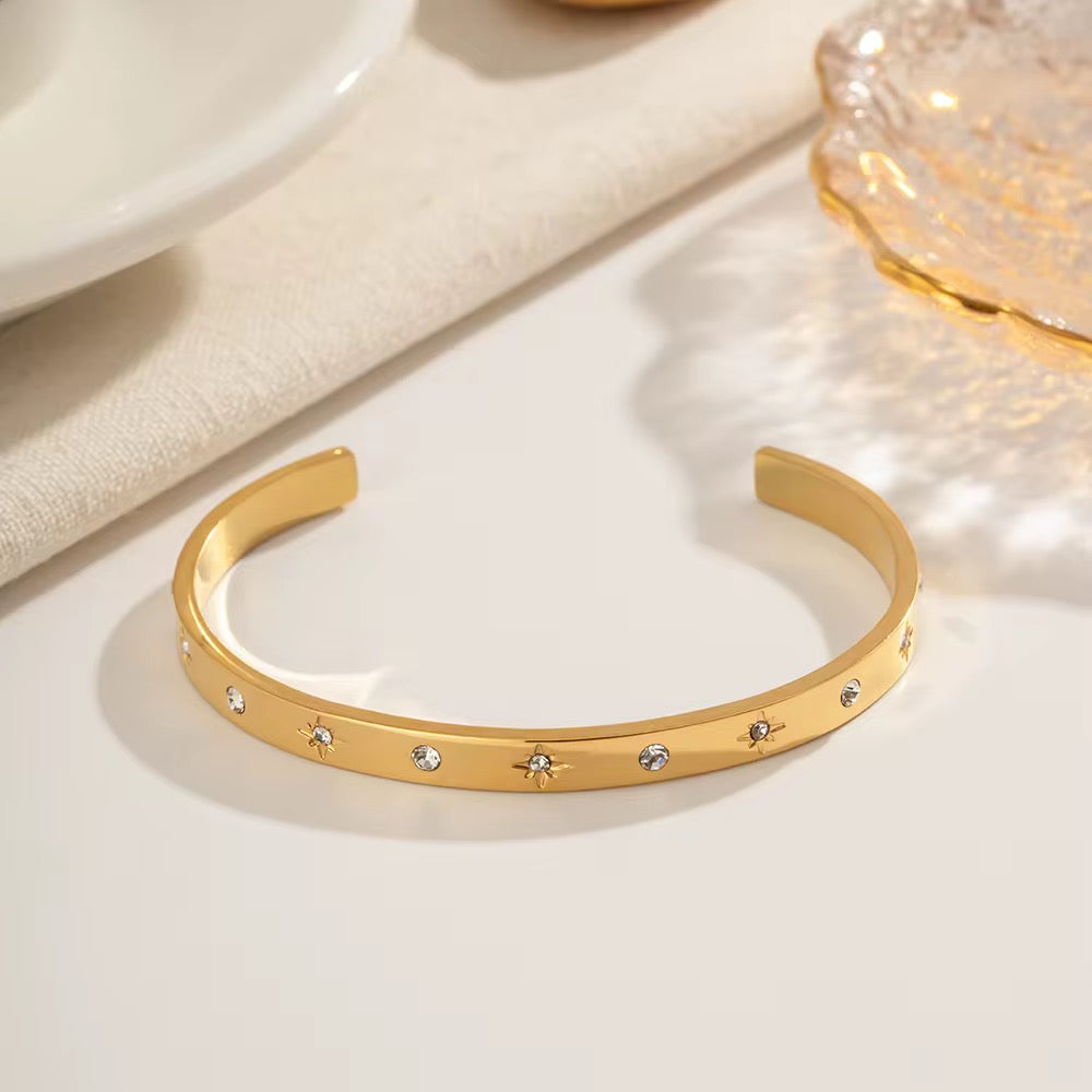 Crystal Star Engraved Open Bangle