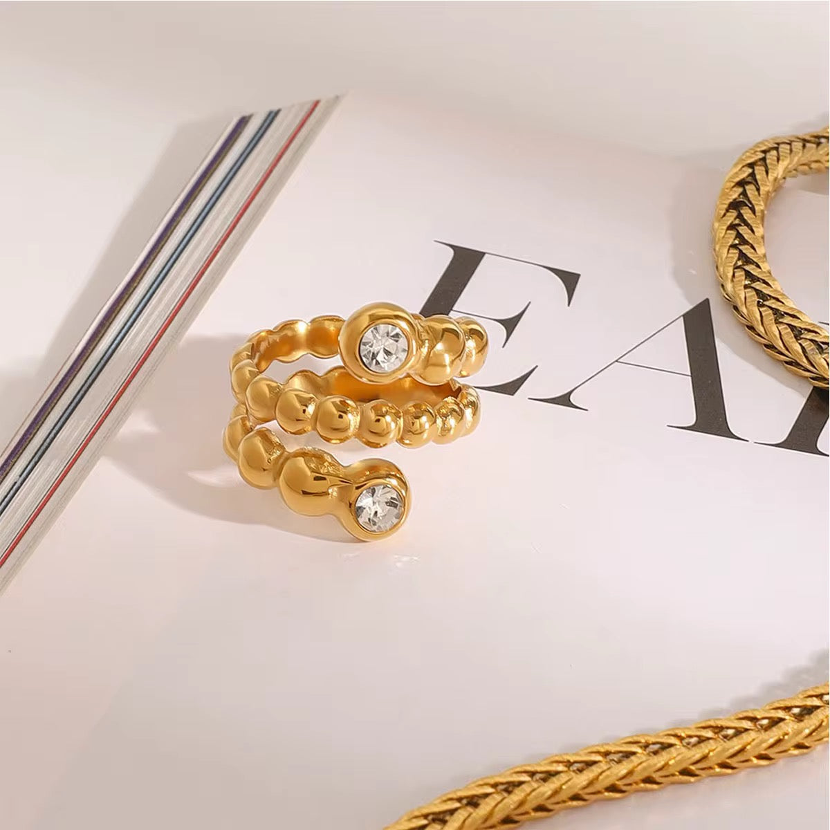 Beaded Double Row Crystal Gold Ring