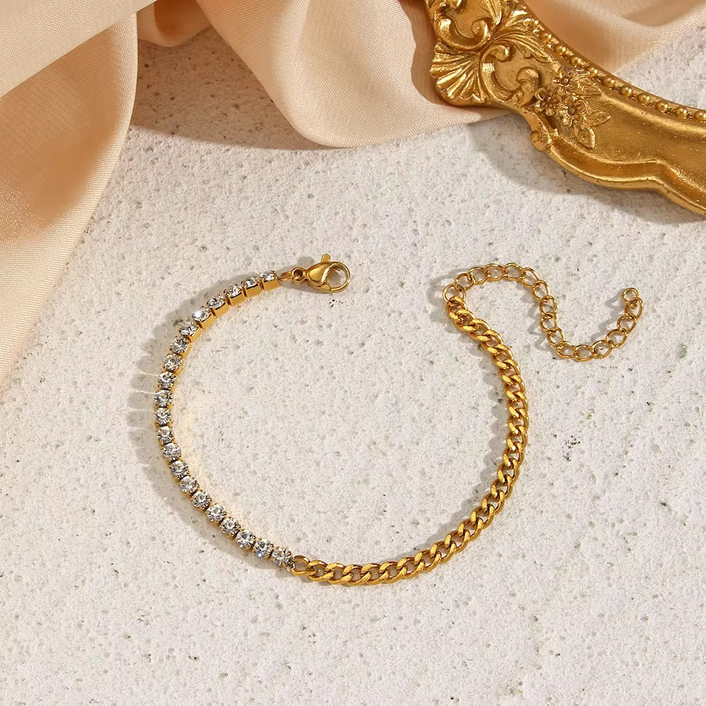 Half Crystal Half Chain Gold Bracelet