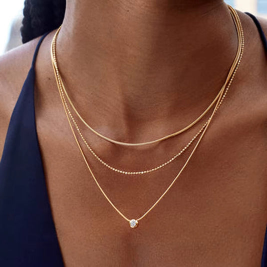 Layered Gold Chain Necklace with Solitaire