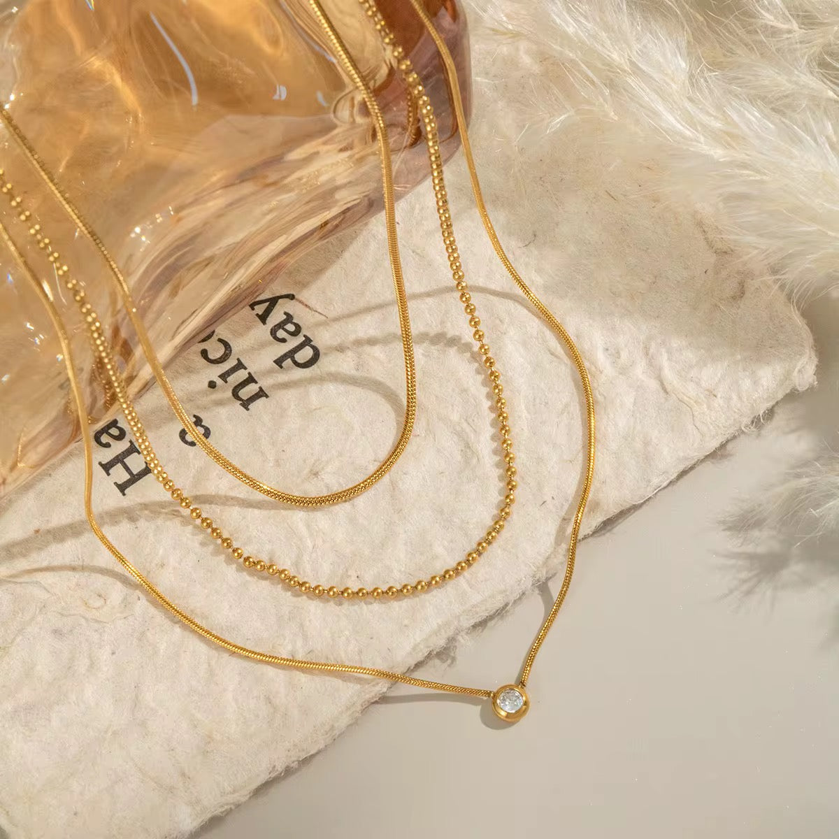 Layered Gold Chain Necklace with Solitaire