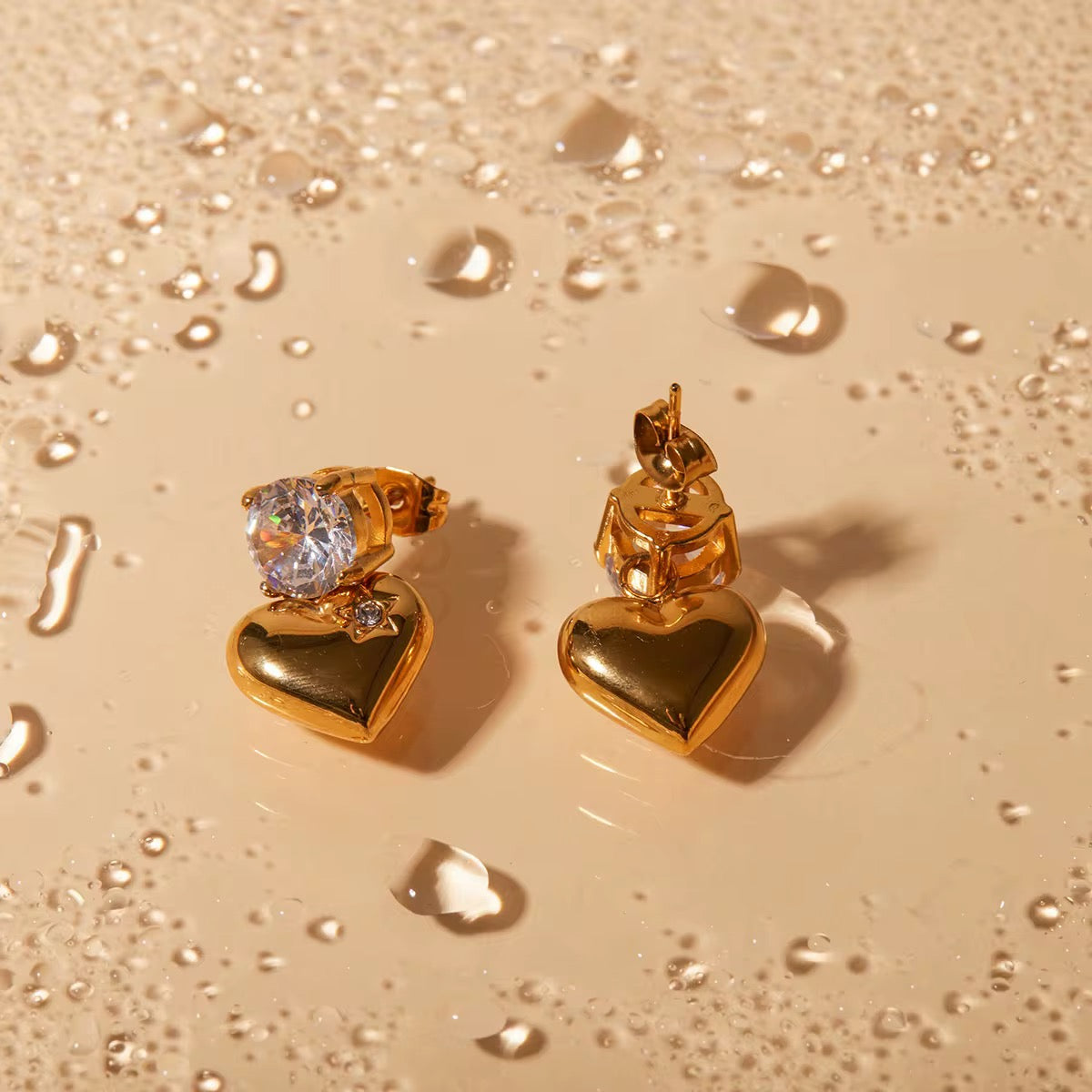 Gold Heart & Solitaire Stud Earrings