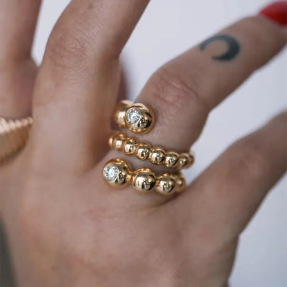 Beaded Double Row Crystal Gold Ring