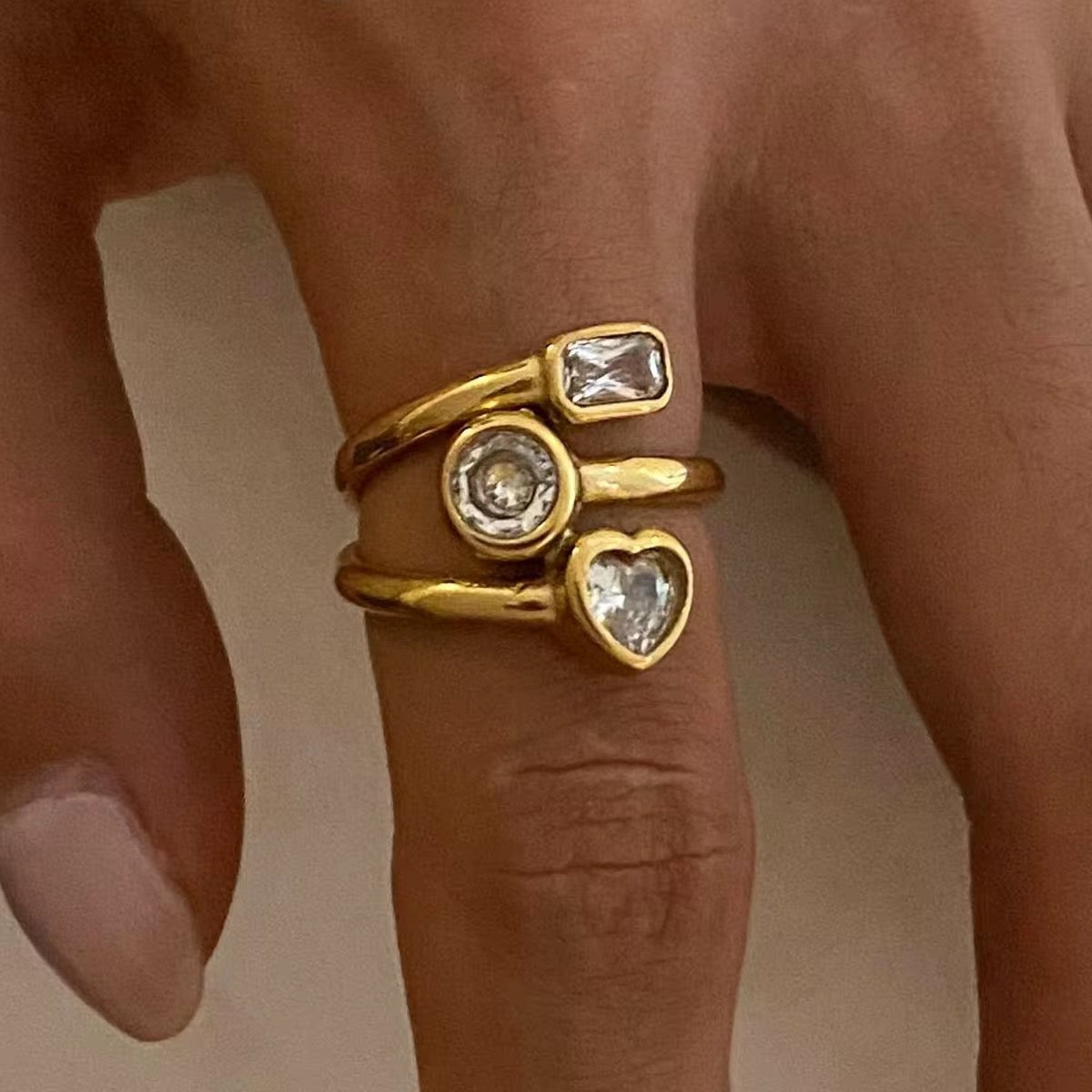 Geometric Triple Stone Gold Ring