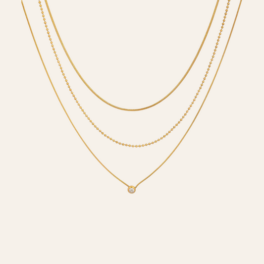 Layered Gold Chain Necklace with Solitaire