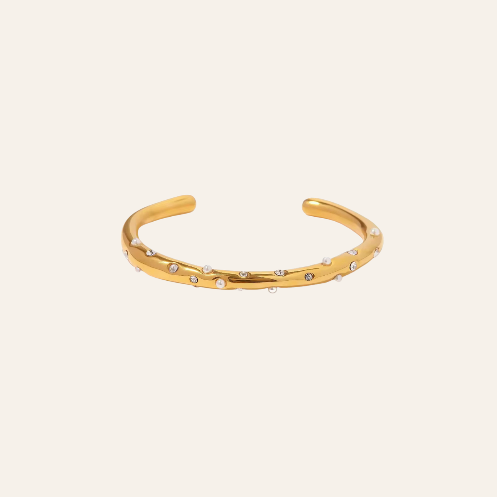 Pearl-Studded Open Gold Bangle